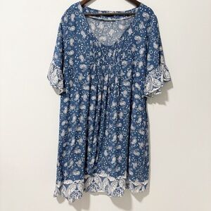 Reborn Womens Blue and White Paisley Flutter Sleeve Midi Dress Pockets Size‎ 2X